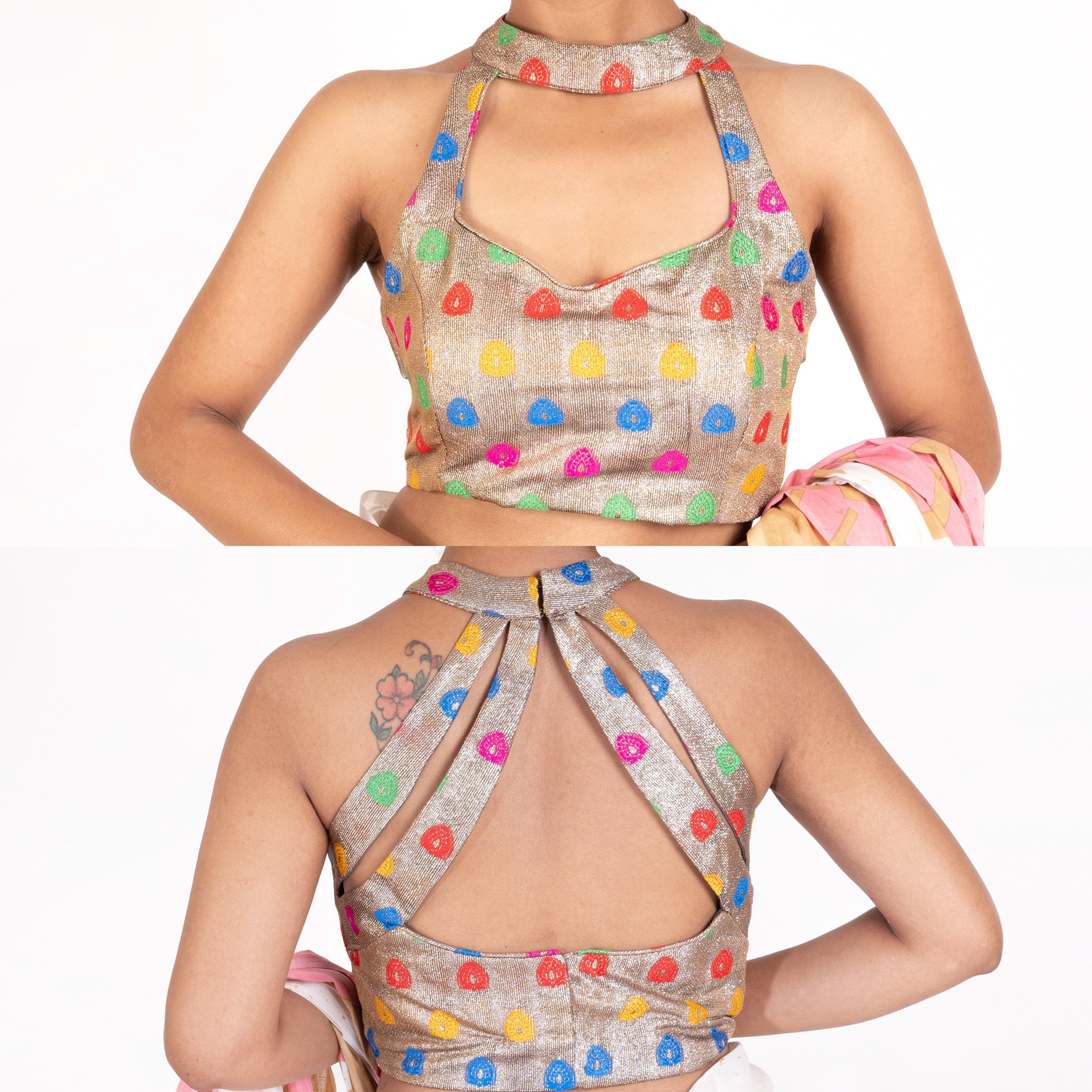 Women's Multi Color Brocade Halter Paaded Blouse With Back Hook - Boveee