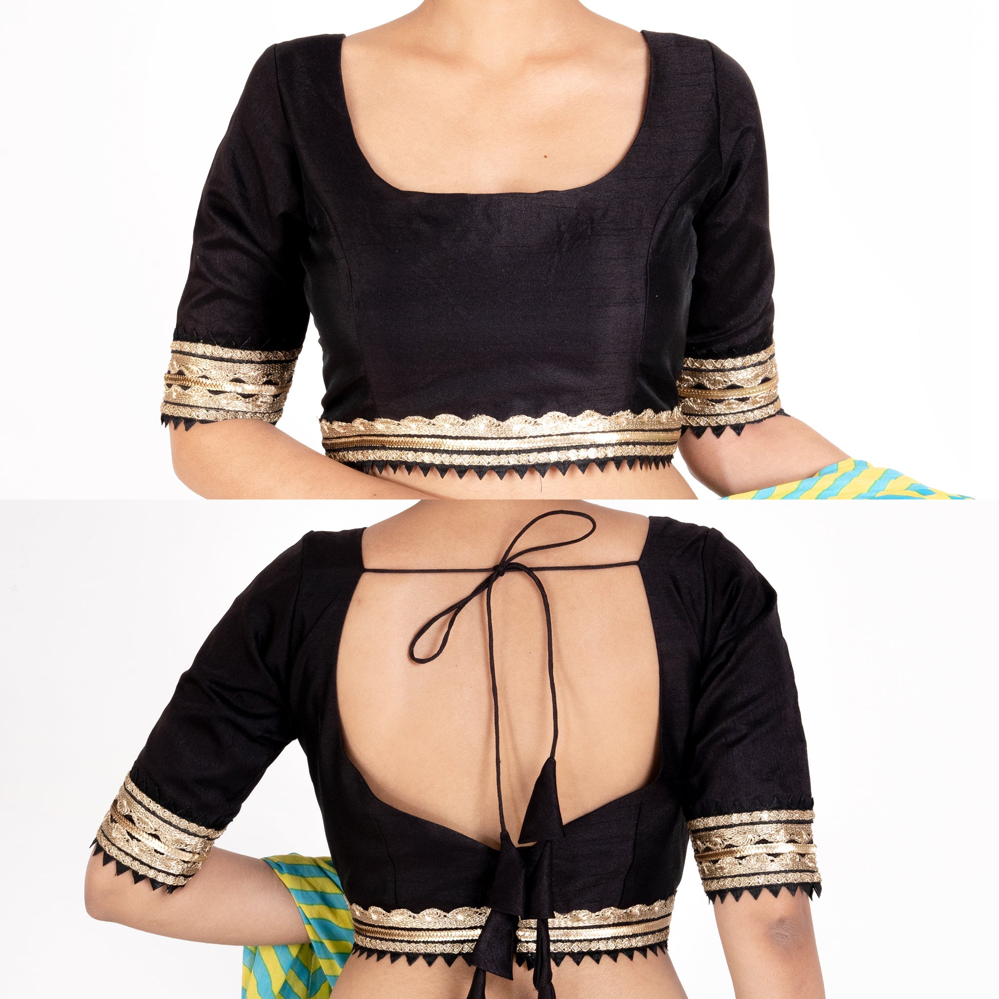 Women's Black Rawsilk Padded Blouse With Golden Lace Detailing - Boveee