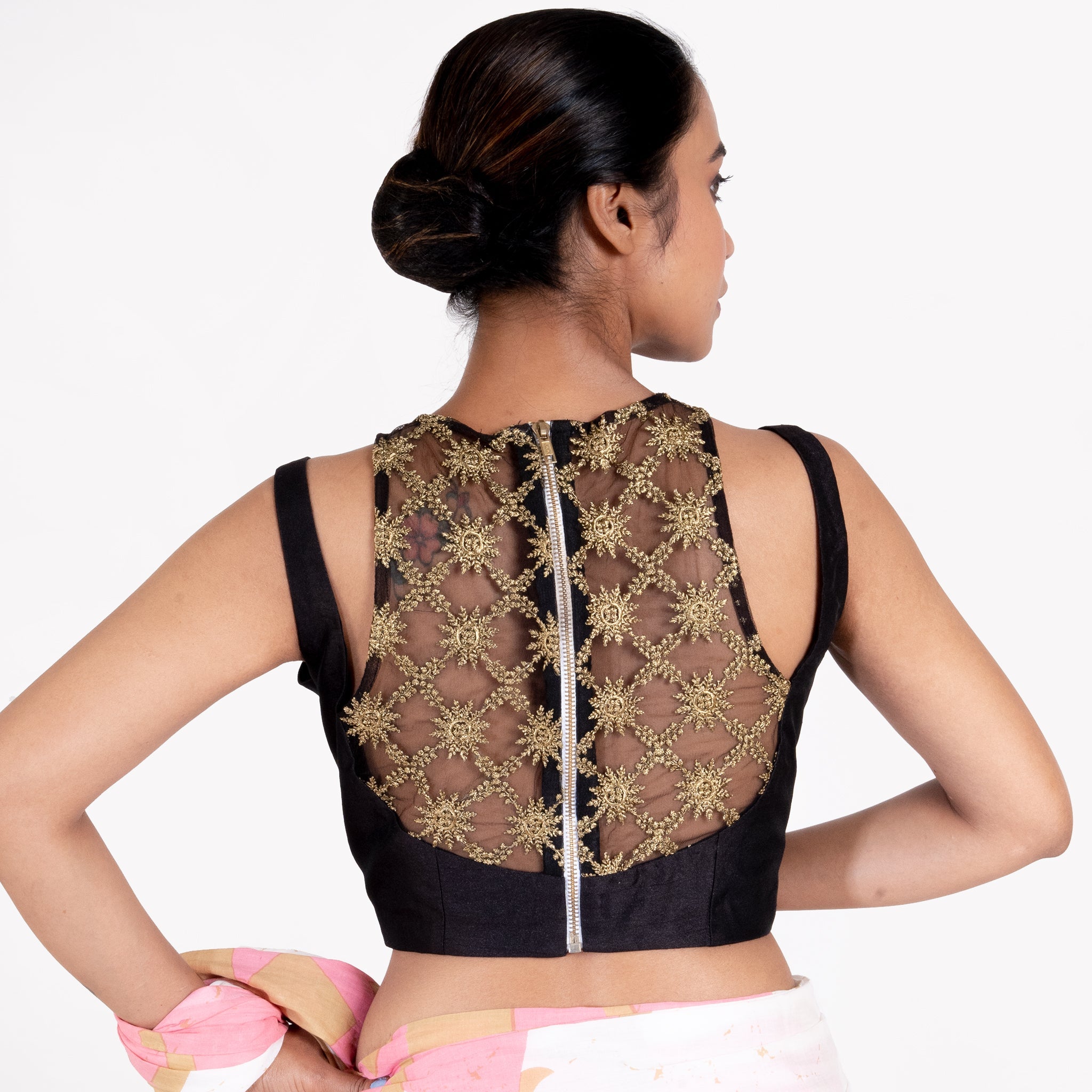 Women's Black Rawsilk Padded Blouse With Embroidered Net Neck Line - Boveee