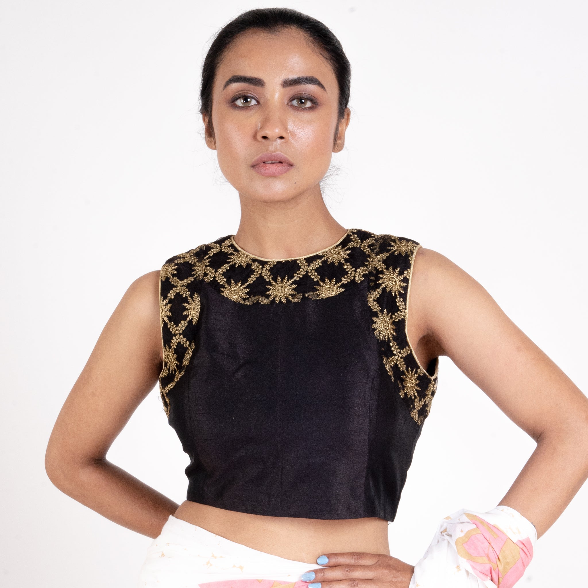 Women's Black Rawsilk  Padded Blouse With Embroidered Net Neck Line And Front Panel - Boveee