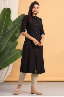 Women's Black Cotton Flex Solid A-Line Kurta - Juniper