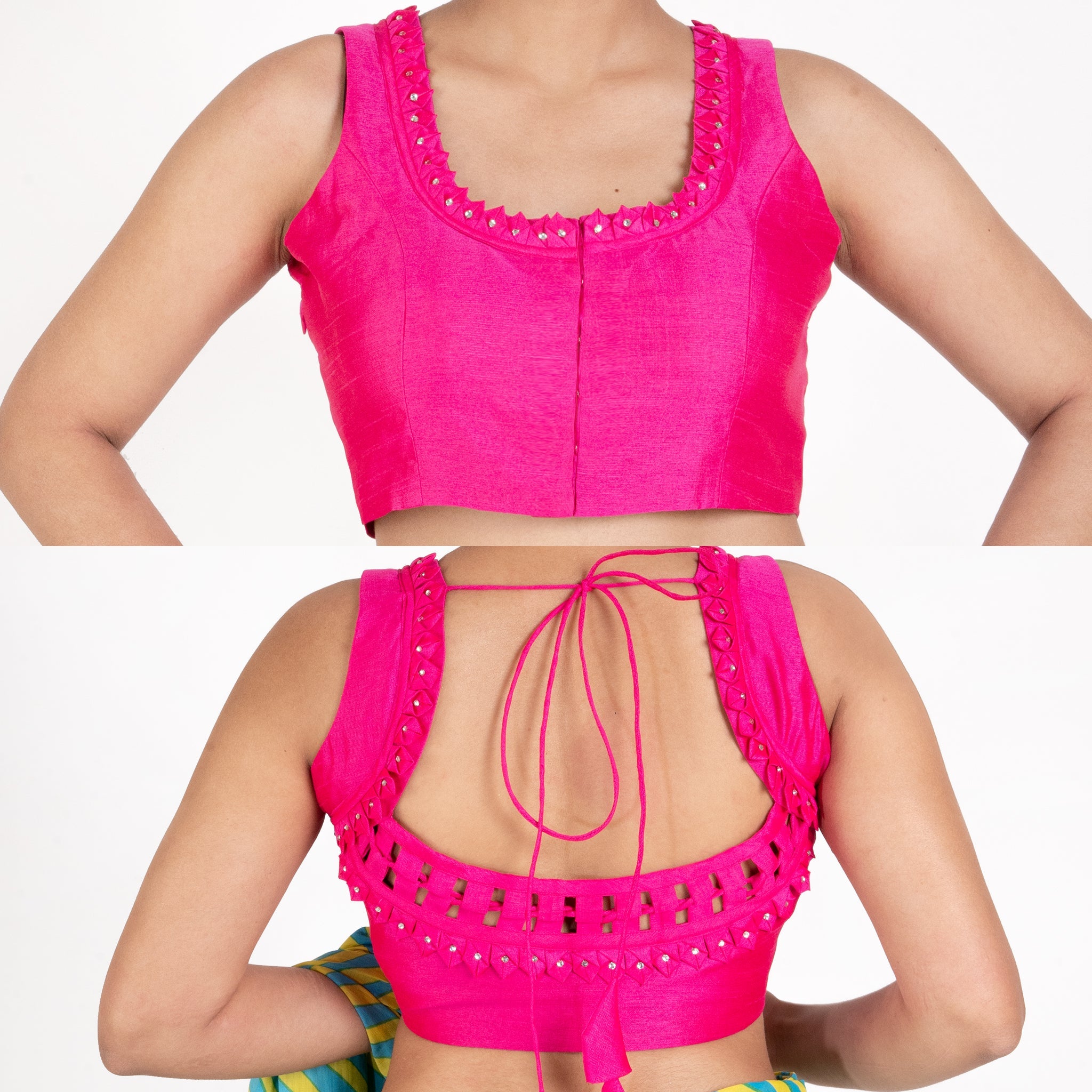 Women's Pink Rawsilk Padded Blouse With Fabric Fold Design - Boveee