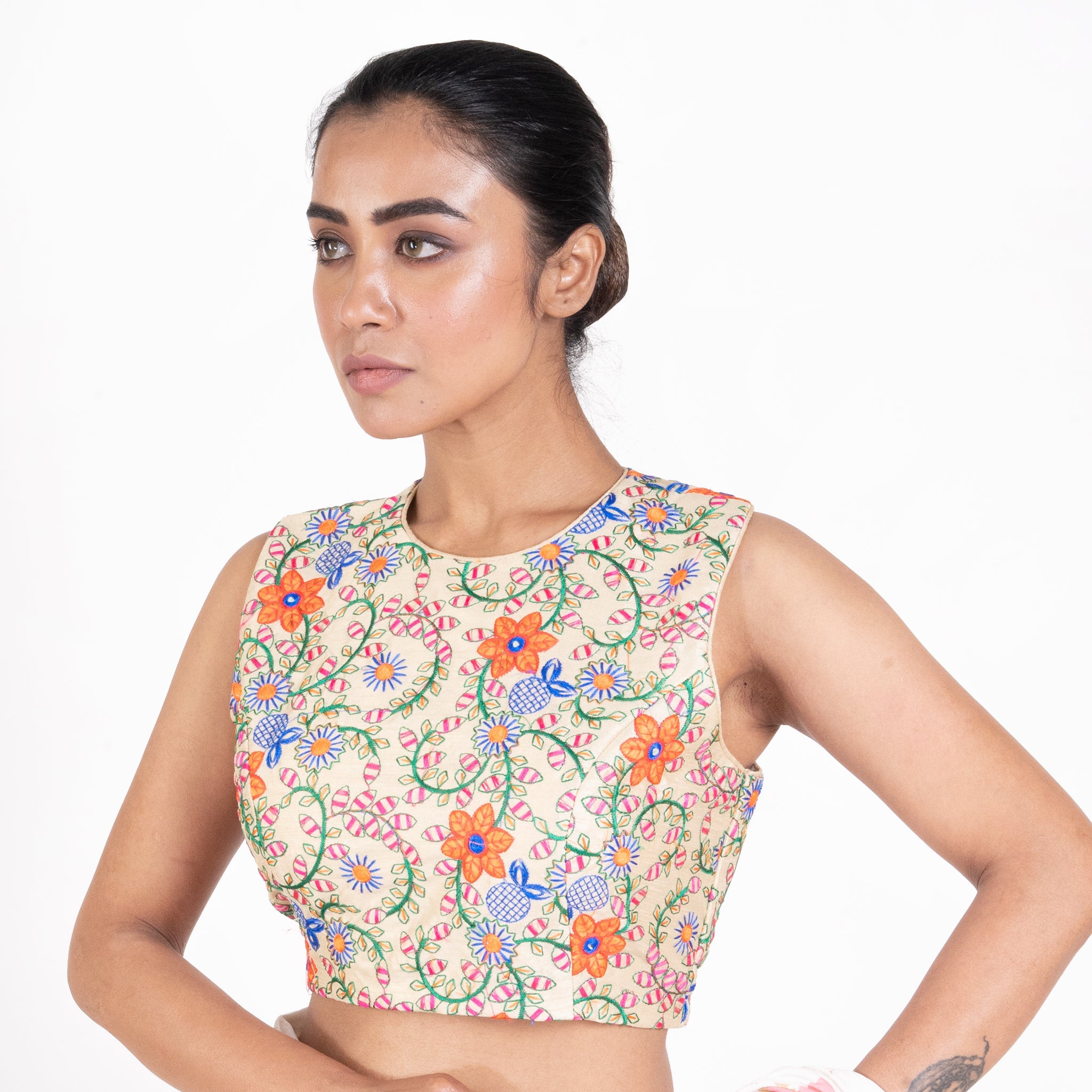 Women's Beige Embroidered Rawsilk Padded Blouse With Back Dori Design - Boveee
