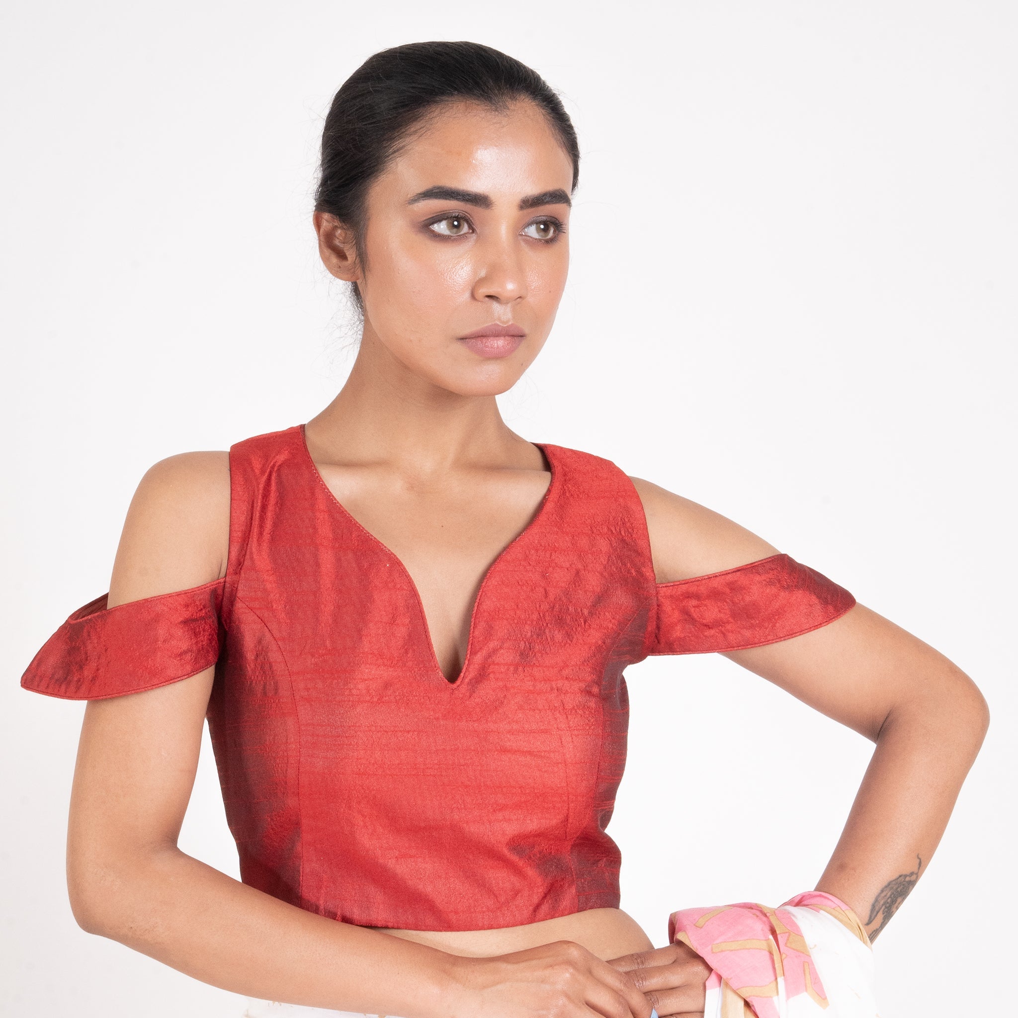 Women's Red Rawsilk Padded Blouse With Dropped Sleeves - Boveee