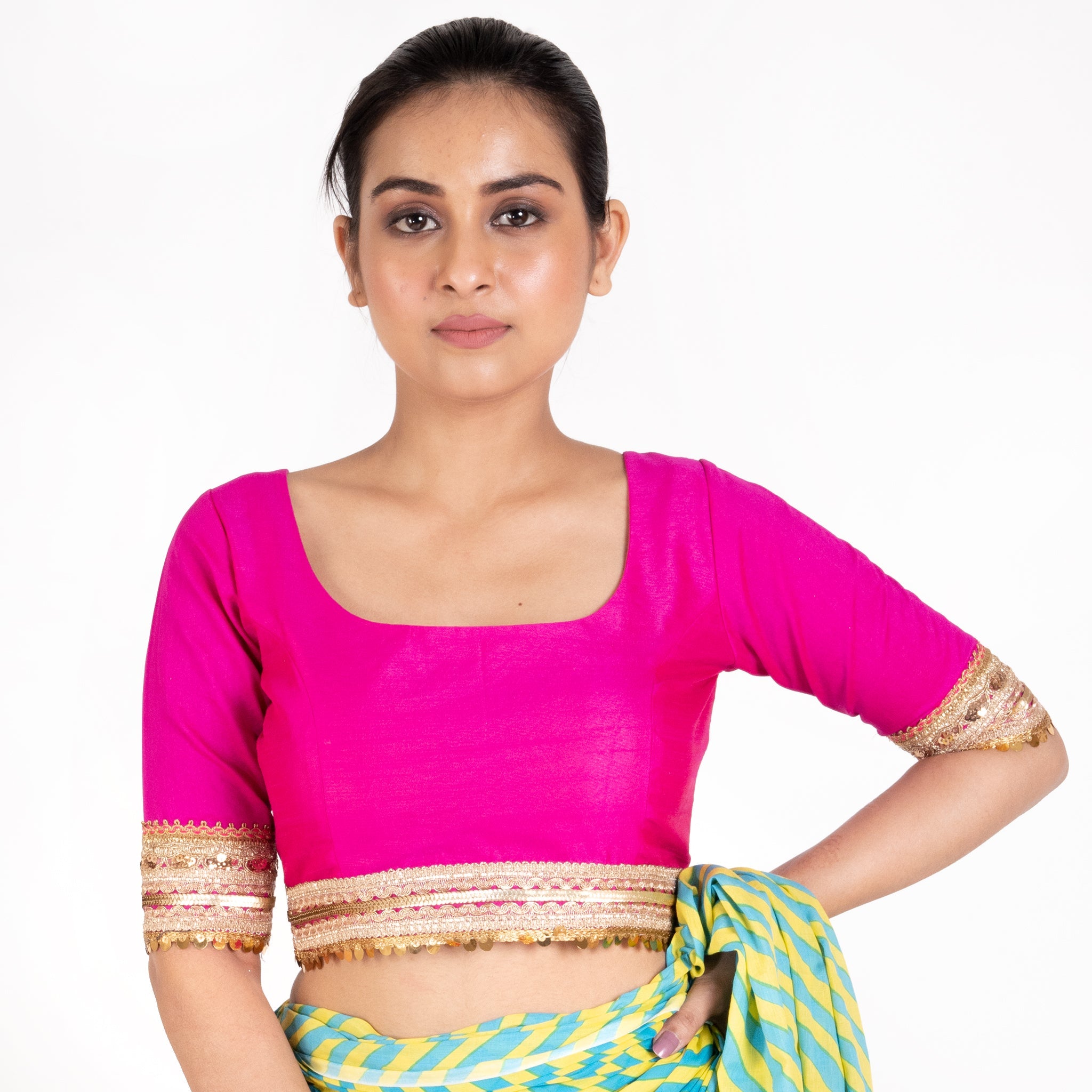 Women's Pink Rawsilk Padded Blouse With Golden Lace Detailing - Boveee
