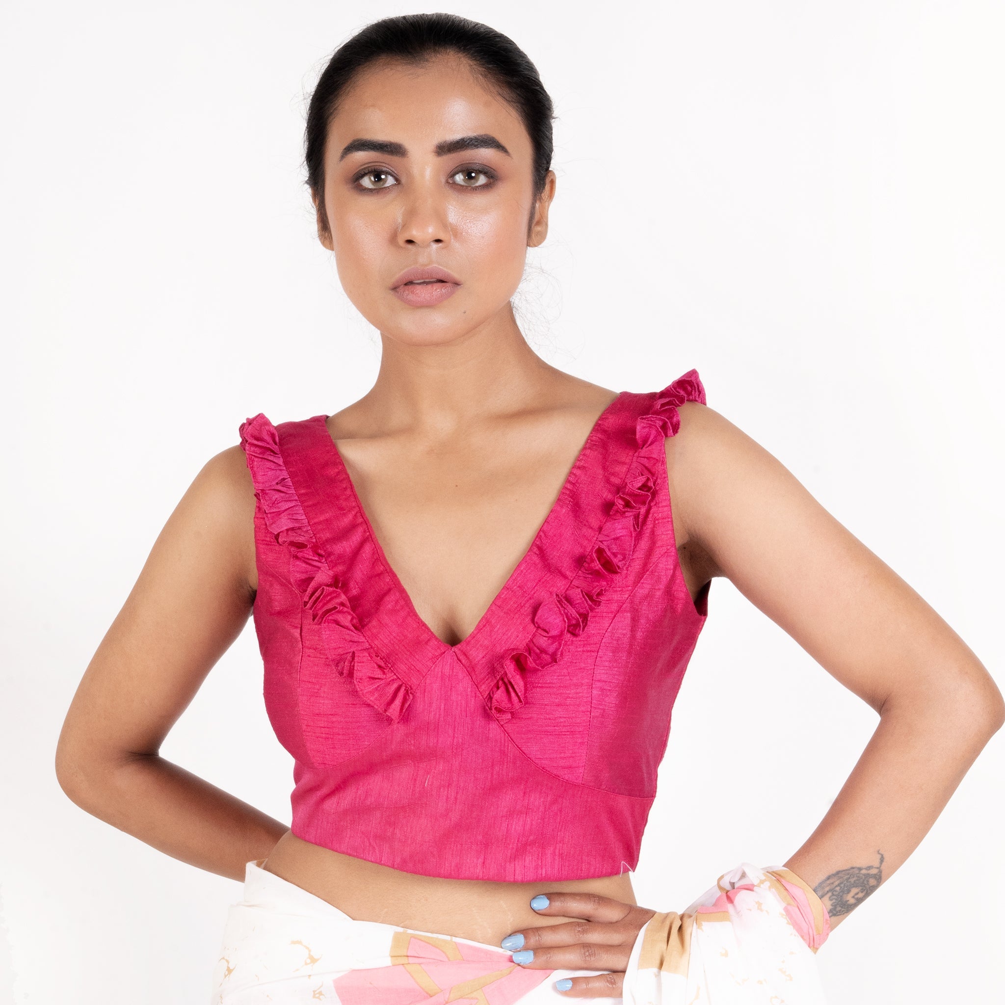 Women's Pink Rawsilk Padded Blouse With Ruffel Design - Boveee