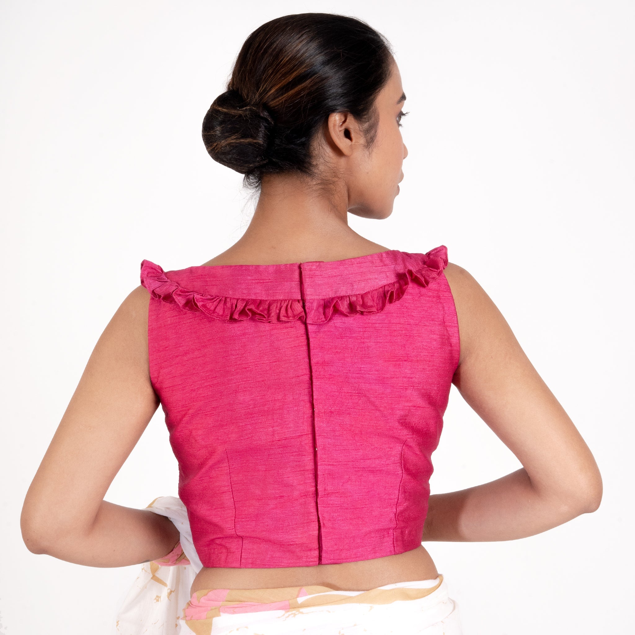 Women's Pink Rawsilk Padded Blouse With Ruffel Design - Boveee