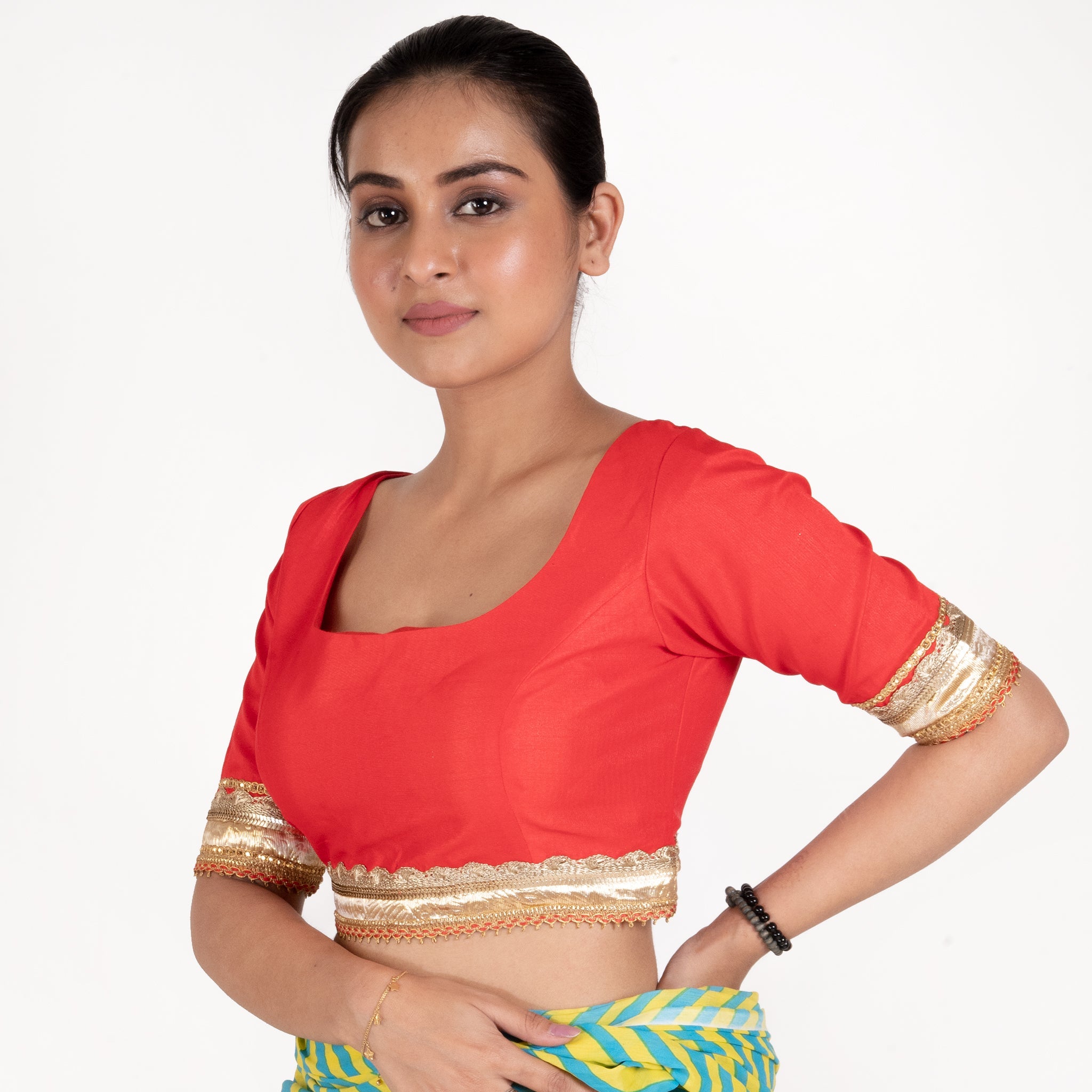 Women's Red Rawsilk Padded Blouse With Golden Lace Detailing - Boveee