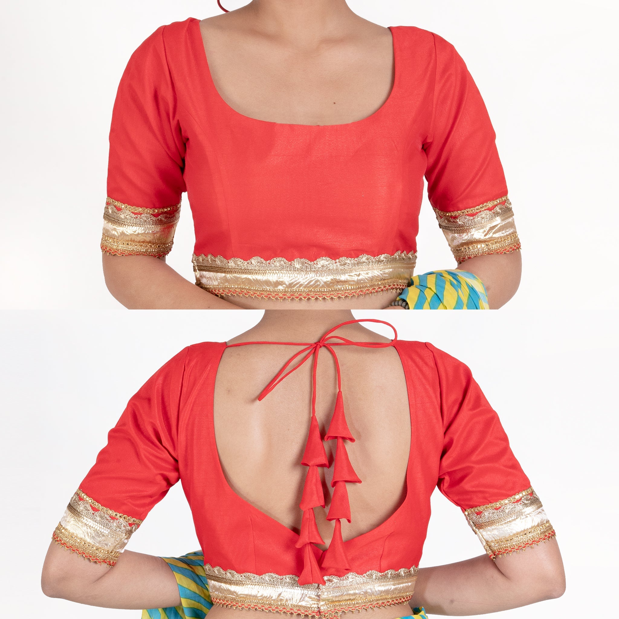 Women's Red Rawsilk Padded Blouse With Golden Lace Detailing - Boveee