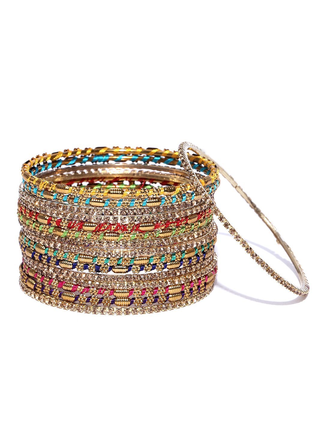 Women's Set Of 16 Multicolour Thread Work And Stones Studded Bangles - Priyaasi