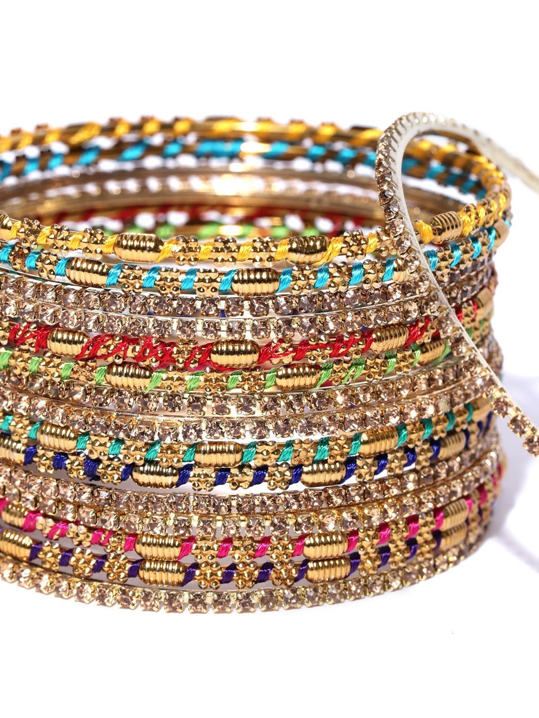 Women's Set of 16 Multicolour Thread Work and Stones Studded Bangles - Priyaasi