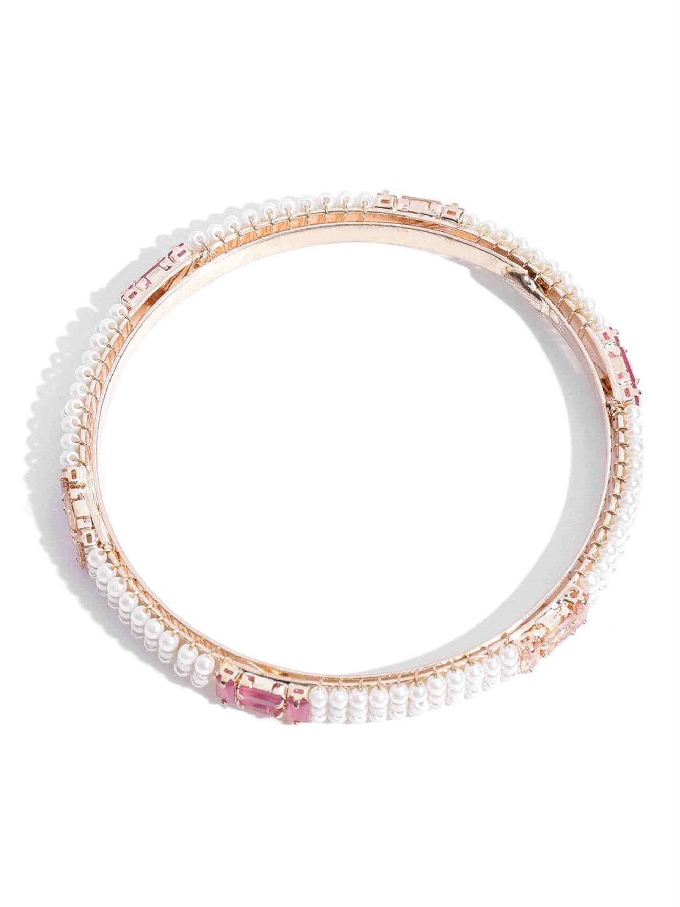 Women's Set Of 2 Gold-Plated Pearls and Stones Studded Bangles in Pink and White Color - Priyaasi