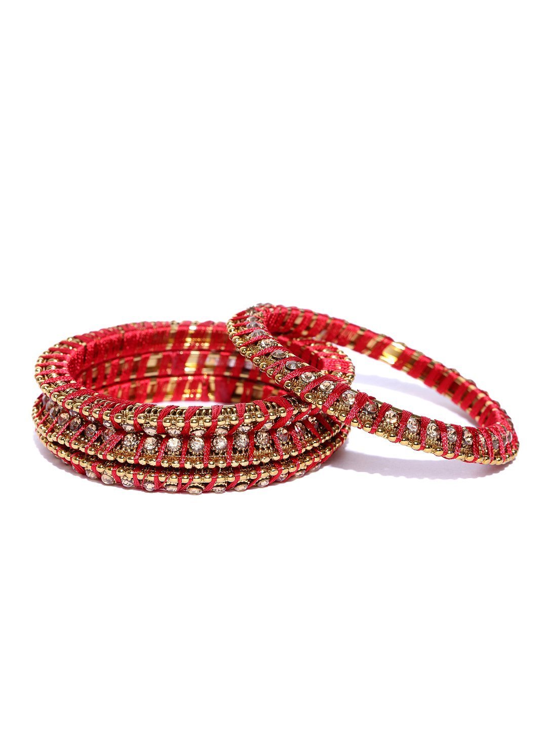 Women's Set Of 4 Stones Studded Silk Threaded Bangles in Maroon Color - Priyaasi