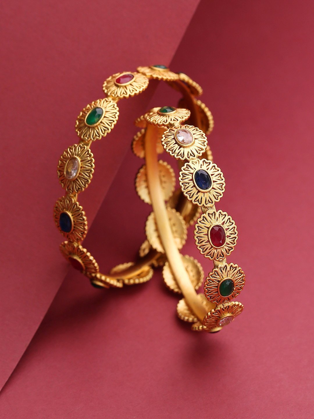 Women's Set Of 2 Gold-Plated Multicolored Stones Studded Bangles in Floral Pattern - Priyaasi