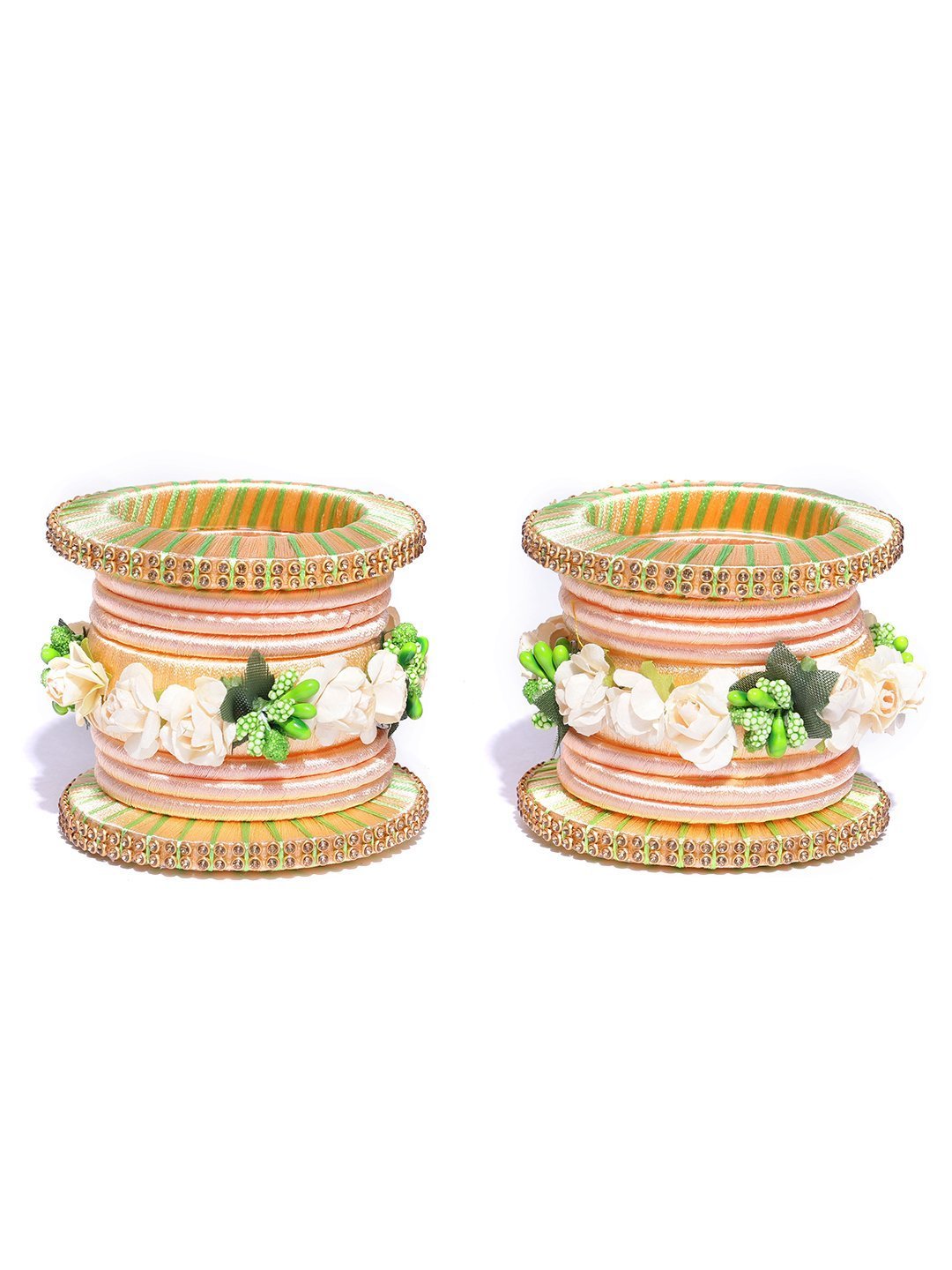 Women's Set Of 18 Floral Handcrafted Silk Threaded Bangles For Mehandi in Peach And Green Color - Priyaasi