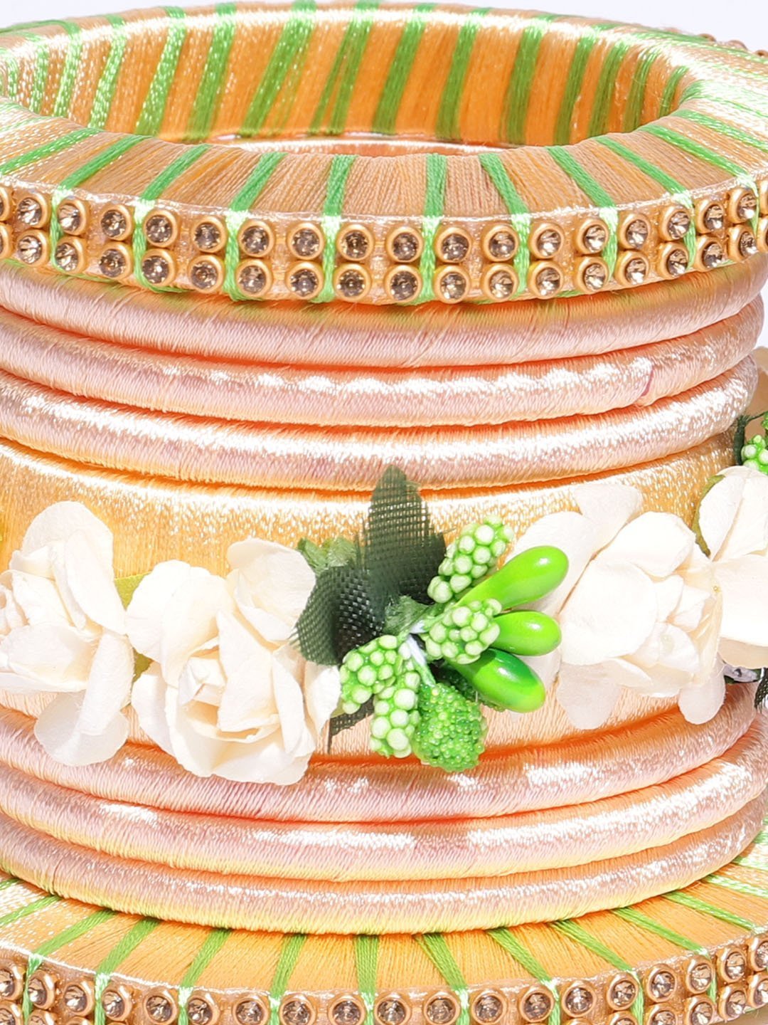 Women's Set Of 18 Floral Handcrafted Silk Threaded Bangles For Mehandi in Peach And Green Color - Priyaasi
