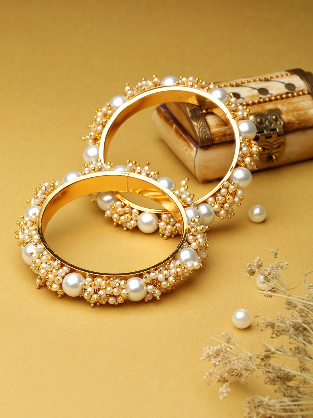 Women's Set Of 2 Gold-Plated Pearls Studded Bangles - Priyaasi