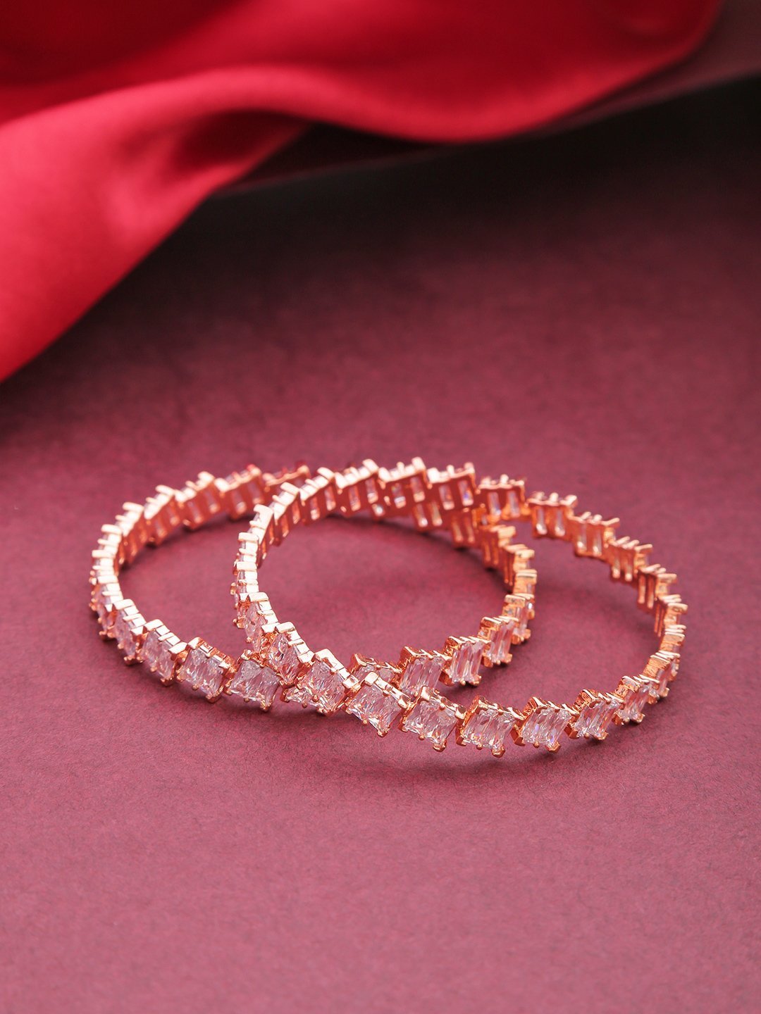 Women's Set Of 2 Rose Gold-Plated Baguette Cut American Diamond Studded Bangles - Priyaasi