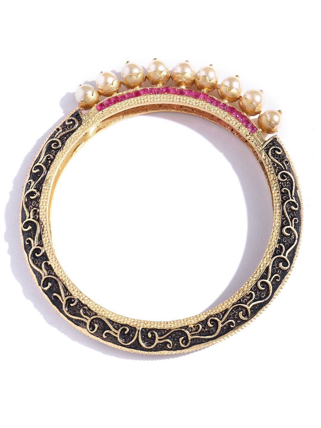 Women's Set Of 2 Matte Gold Finish Stones And Pearl Studded Multicolor Bangles - Priyaasi