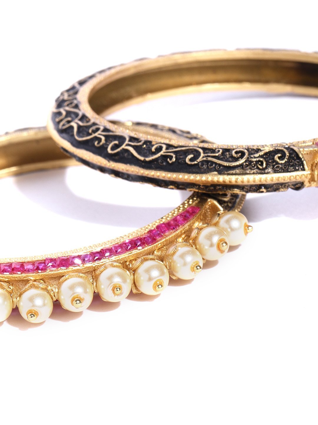 Women's Set Of 2 Matte Gold Finish Stones And Pearl Studded Multicolor Bangles - Priyaasi