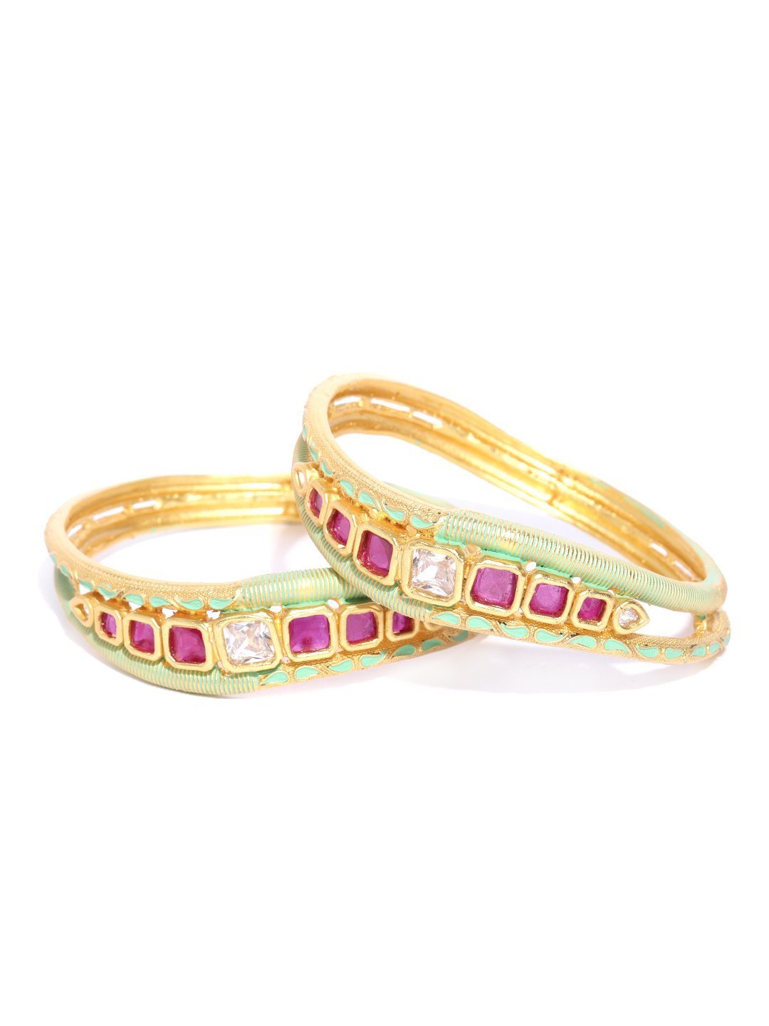 Women's Set Of 2 Matte Gold AD And Maroon Stone Studded Mint Green Curved Shape Bangles - Priyaasi