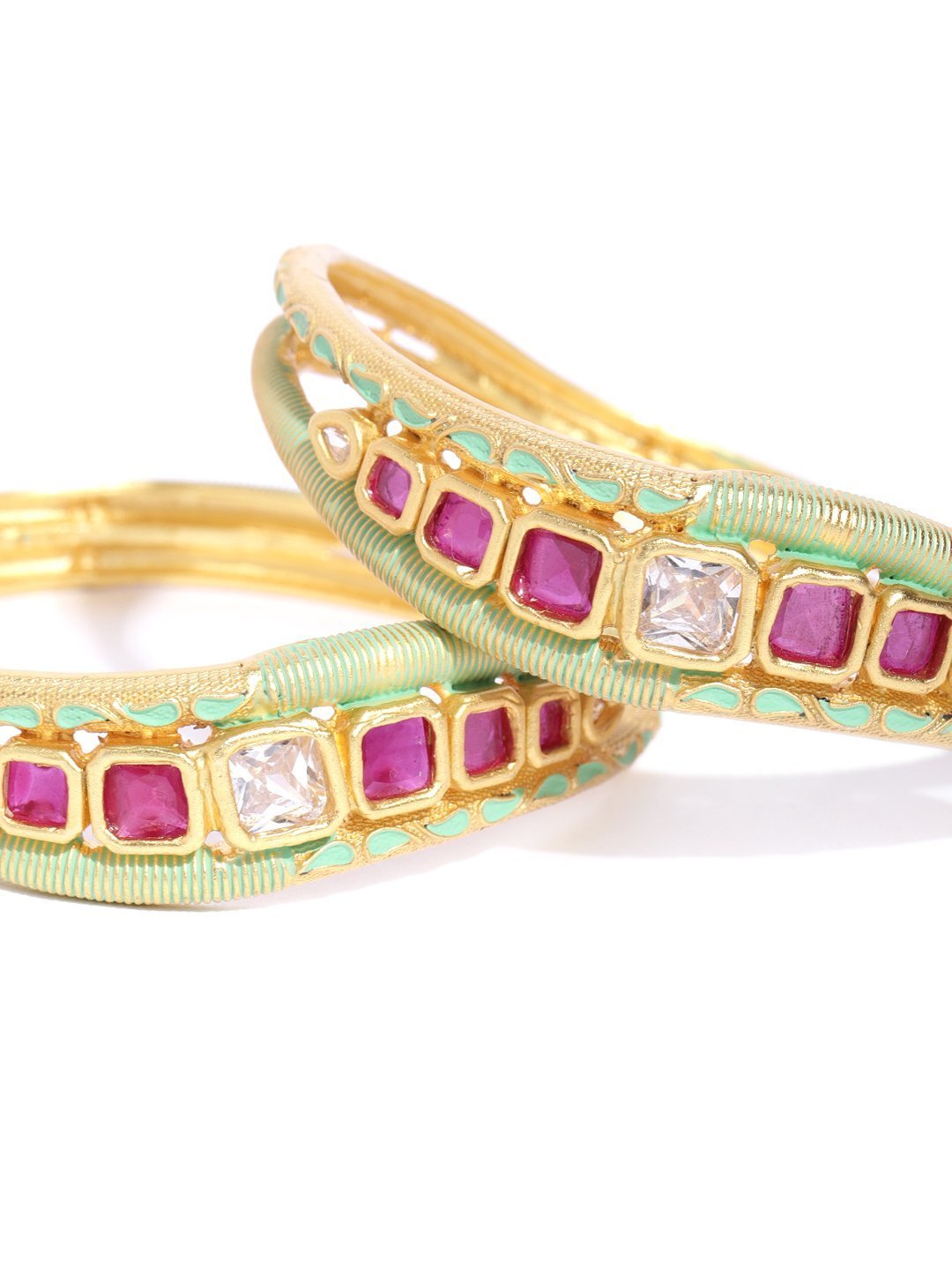 Women's Set Of 2 Matte Gold AD And Maroon Stone Studded Mint Green Curved Shape Bangles - Priyaasi