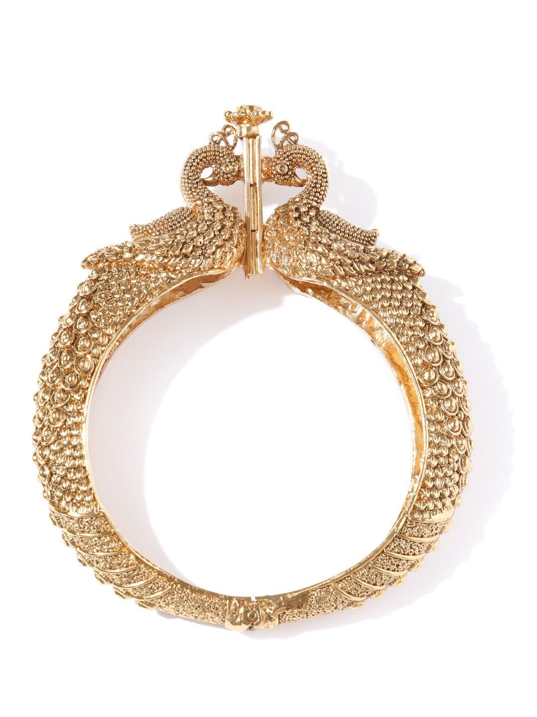 Women's Gold-Plated Ruby Studded Peacock Inspired Textured Openable Bangle - Priyaasi