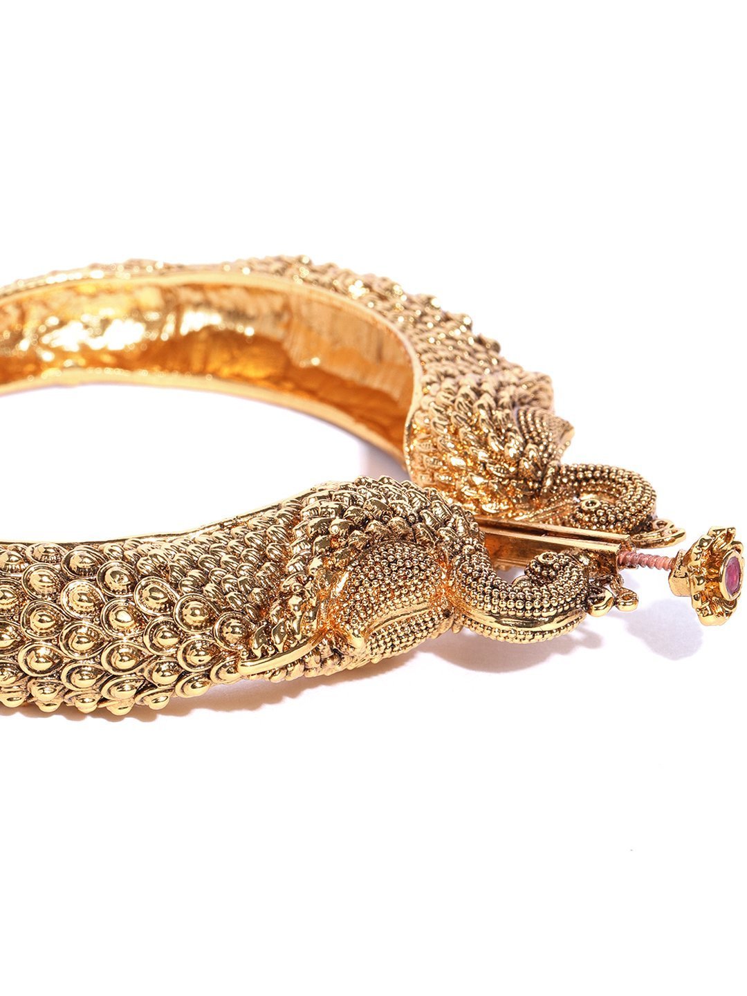Women's Gold-Plated Ruby Studded Peacock Inspired Textured Openable Bangle - Priyaasi