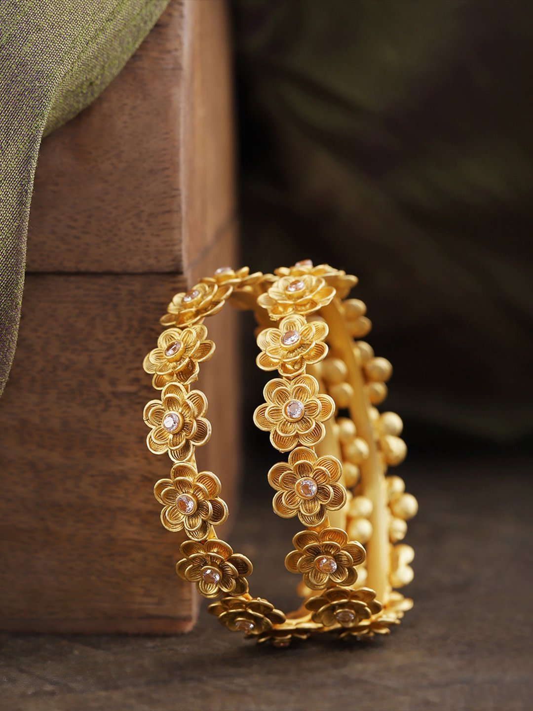 Women's Set Of 2 Gold-Plated Stones Studded Bangles in Floral Pattern - Priyaasi