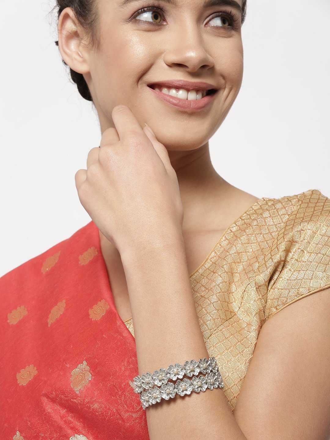 Women's Set Of 2 Silver-Plated Pearls Studded Bangles in Floral Pattern - Priyaasi