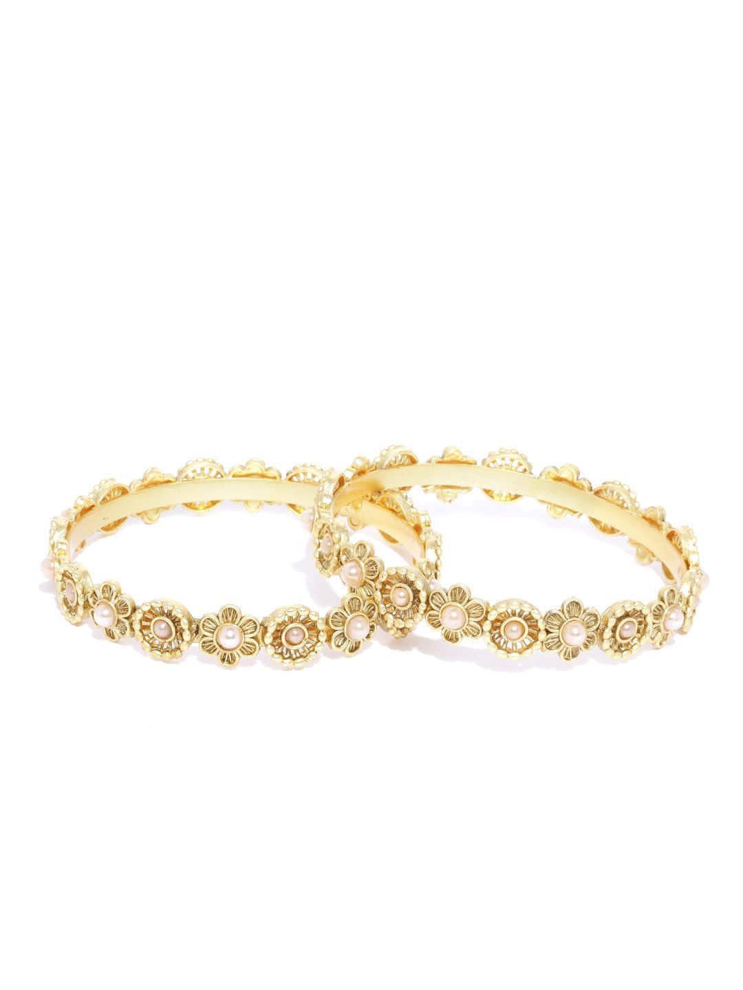 Women's Set Of 2 Gold-Plated Pearls Studded Bangles in Floral Pattern - Priyaasi