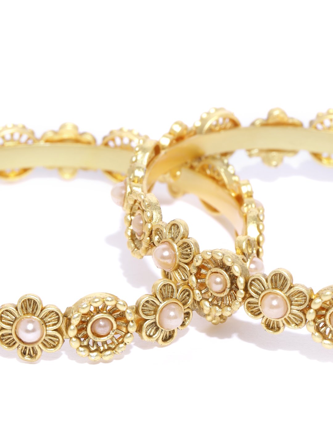 Women's Set Of 2 Gold-Plated Pearls Studded Bangles in Floral Pattern - Priyaasi