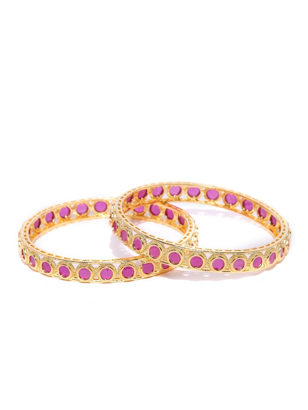 Women's Set Of 2 Gold-Plated Circular Patterned Ruby Studded Bangles - Priyaasi