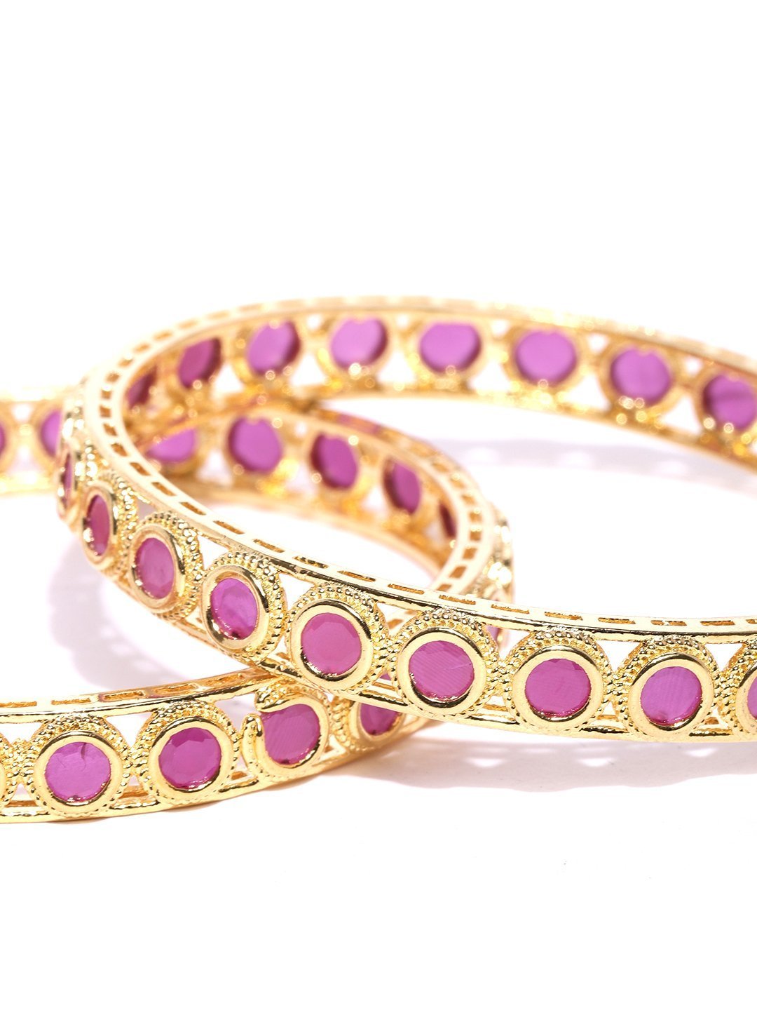 Women's Set Of 2 Gold-Plated Circular Patterned Ruby Studded Bangles - Priyaasi
