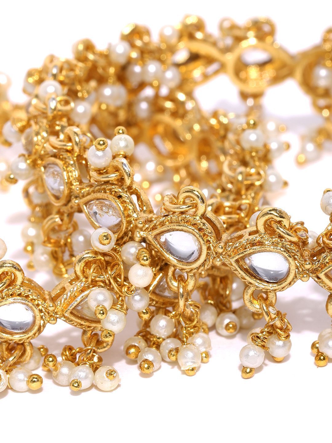 Women's Set Of 2 Gold-Plated Kundan Studded Off-White Bead Drop Bangles - Priyaasi