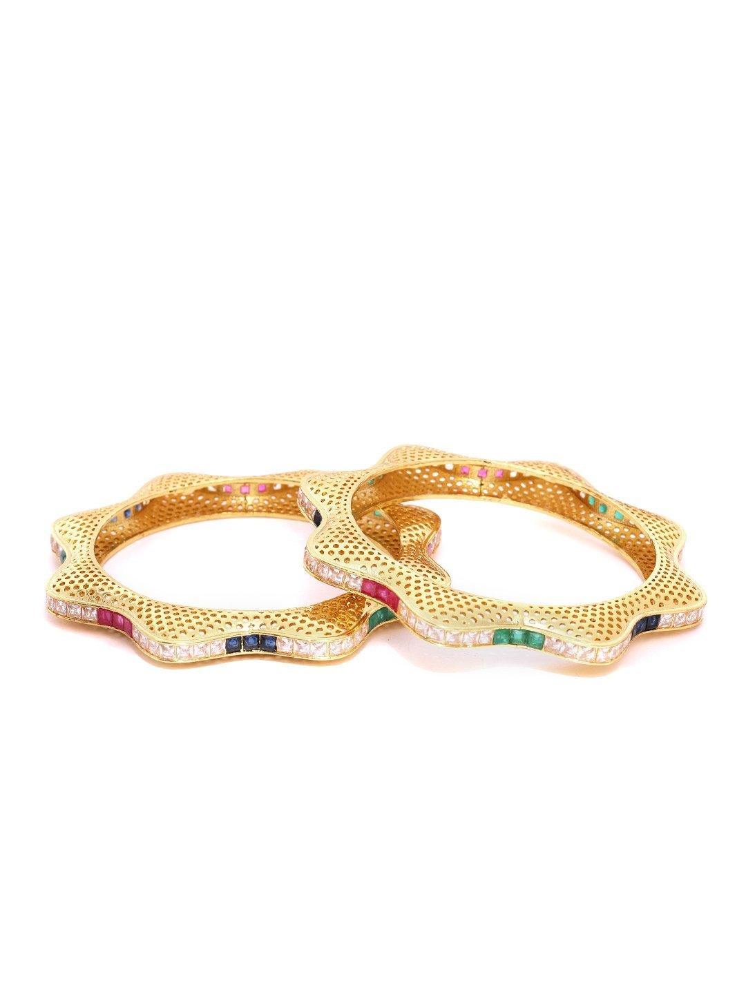 Women's Set Of 2 Gold-Plated Multicolor Stones Studded Star Shaped Bangles - Priyaasi