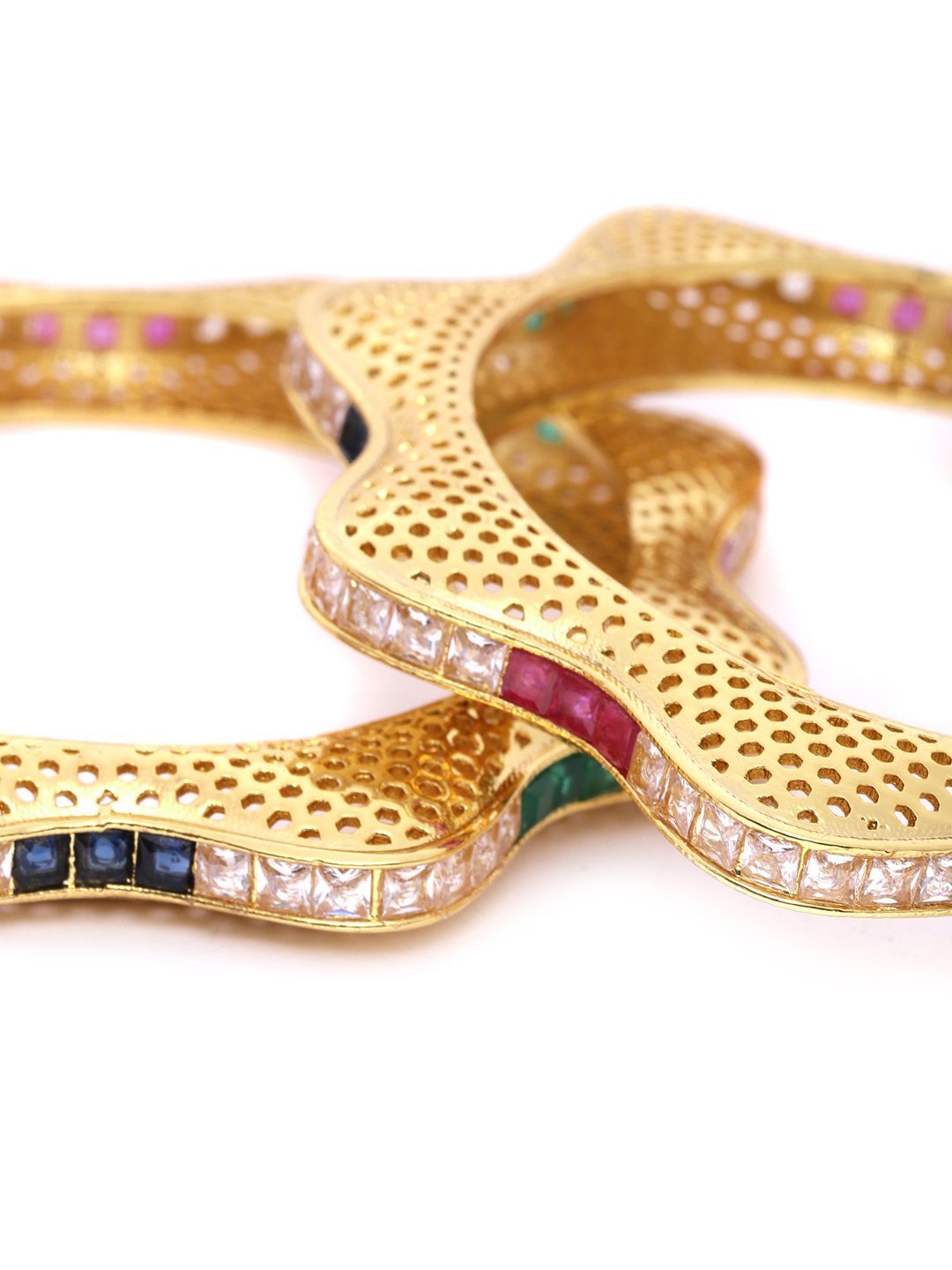 Women's Set Of 2 Gold-Plated Multicolor Stones Studded Star Shaped Bangles - Priyaasi