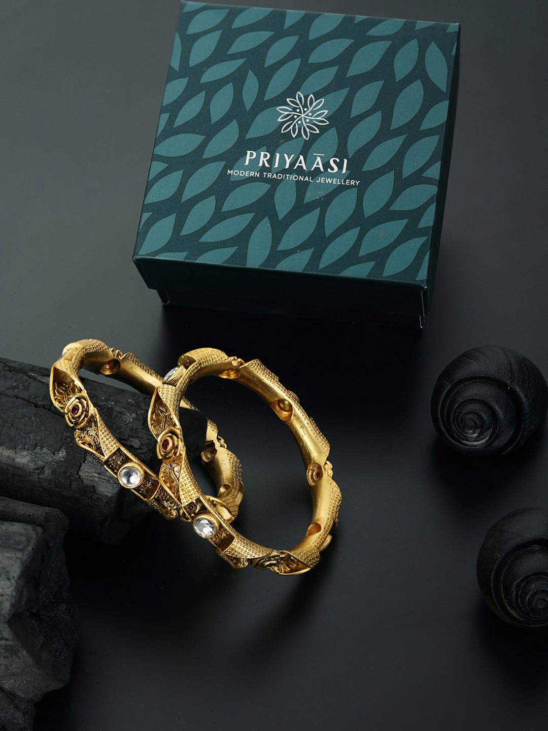 Women's Artificial Stones Gold Plated Floral Set of 2 Bangle Set - Priyaasi