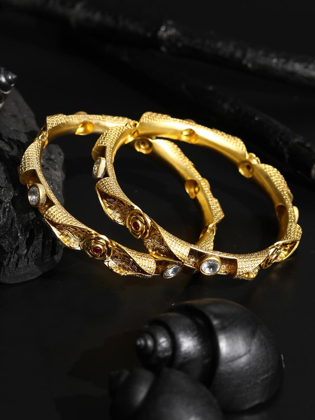 Women's Artificial Stones Gold Plated Floral Set of 2 Bangle Set - Priyaasi