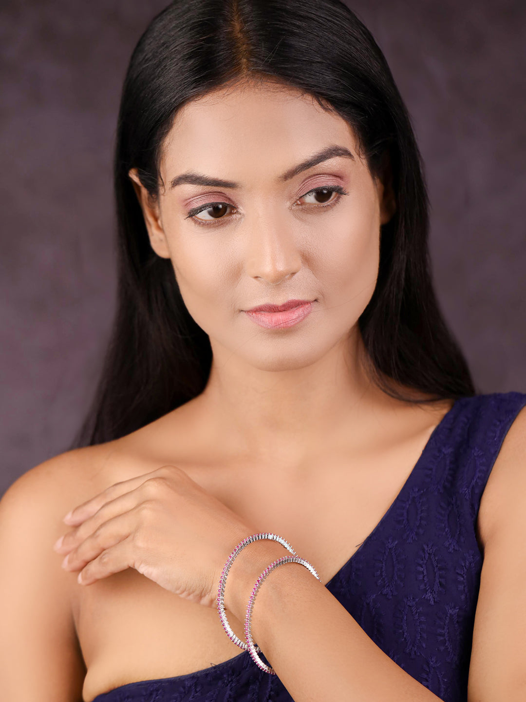 Women's Purple Stones Silver Plated Bangles Set - Priyaasi
