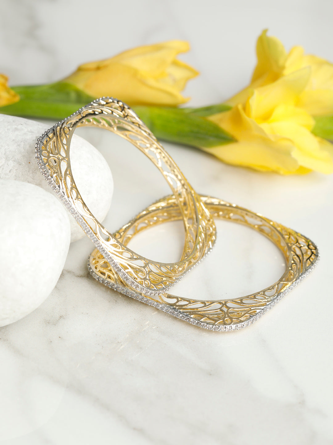Buy Gorgeous American Diamond Gold Style Flower Kada Bracelet Online