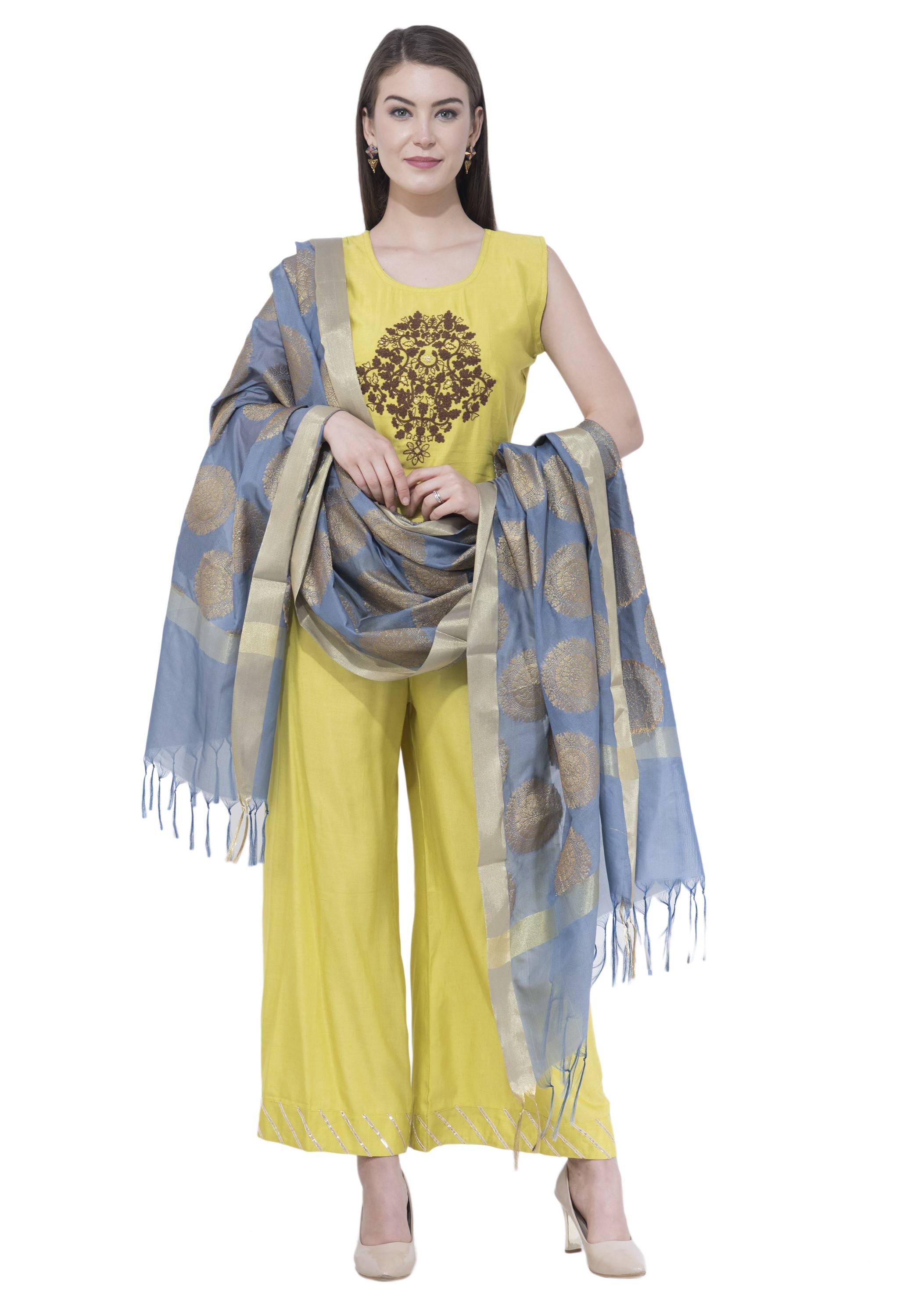 A R Silk Women's Zari Embroidery Vanarsi Silk Gray Dupattas and Chunnis