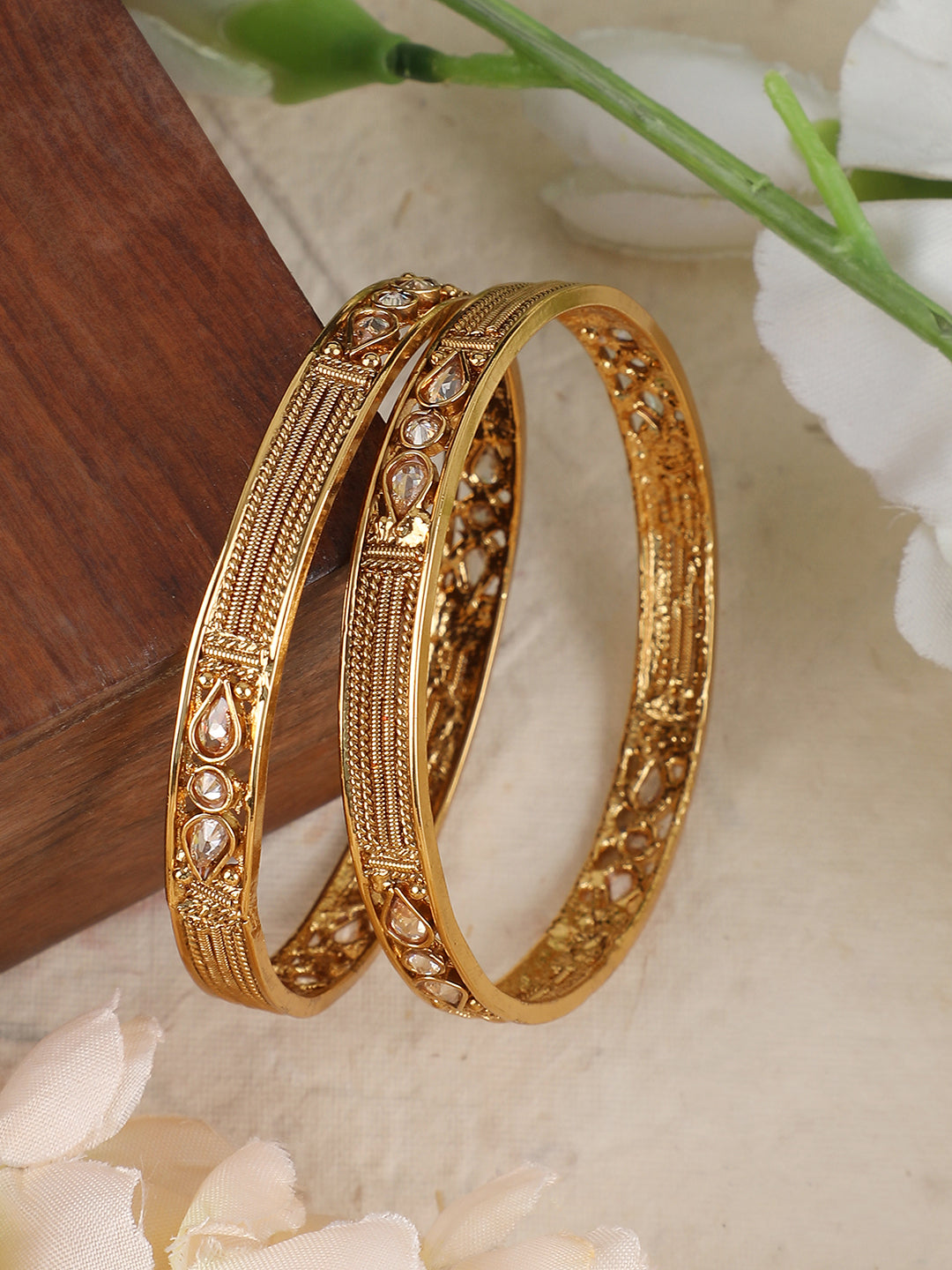 Women's Set Of 2 24K Gold-Plated Red & Green Stone-Studded Hand Crafted Bangles - Anikas Creation