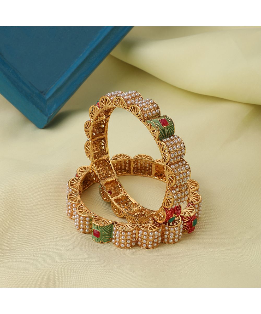 Women's Ethnic Gold Plated Enameled Pearl Studded Structured Bangles - MODE MANIA