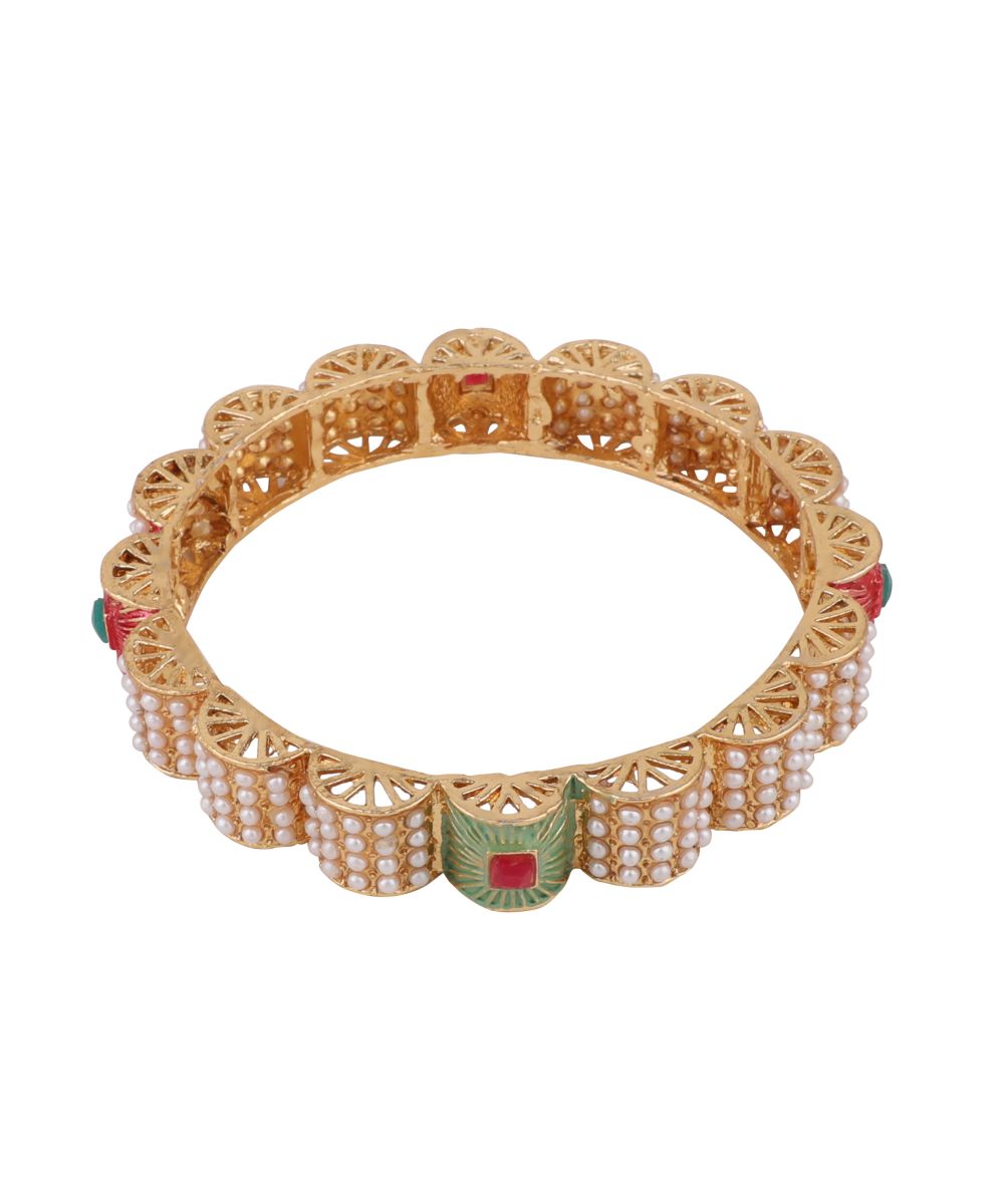 Women's Ethnic Gold Plated Enameled Pearl Studded Structured Bangles - MODE MANIA