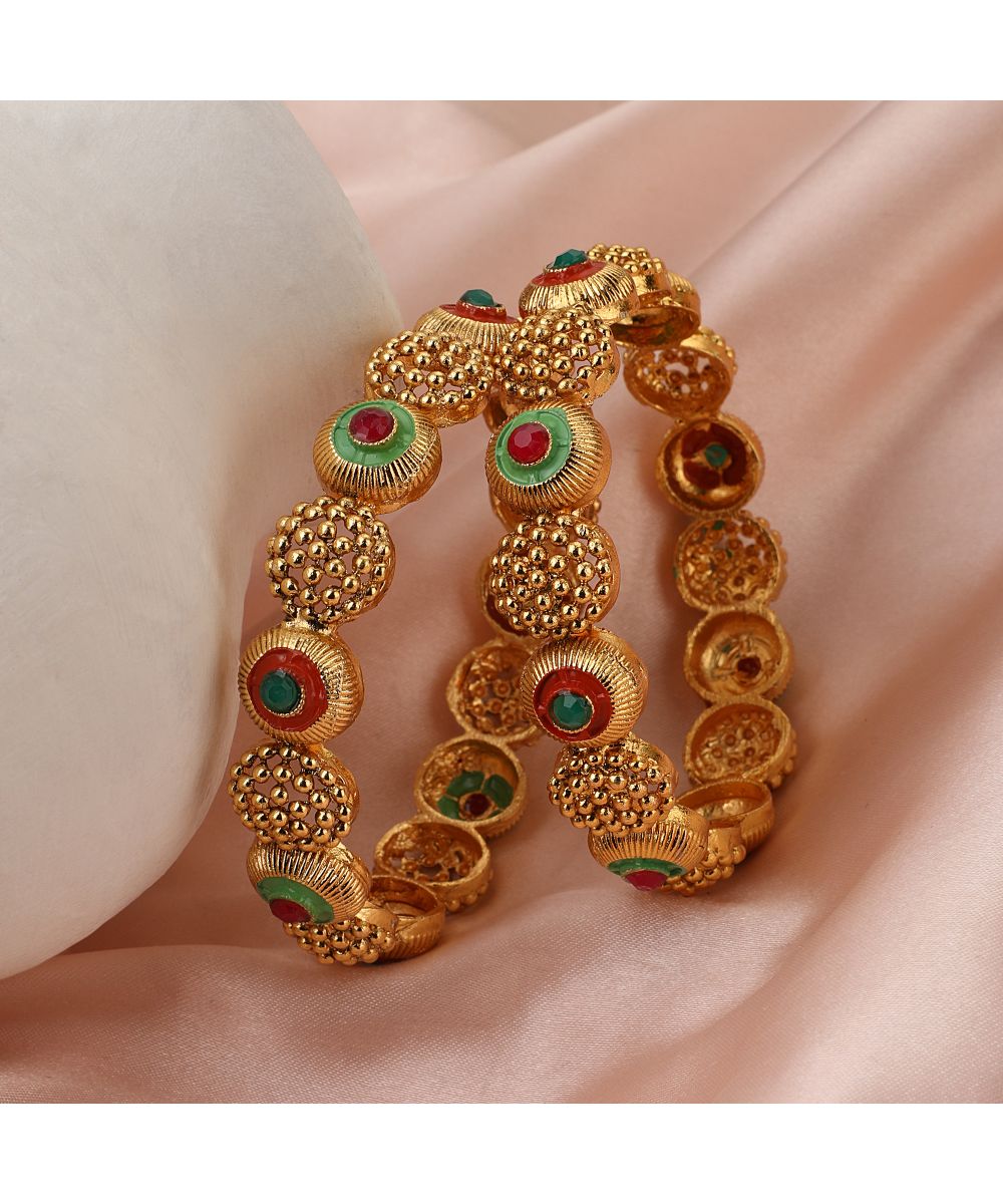 Women's Gold Plated Enameled Stone Studded Statement Bangles - MODE MANIA