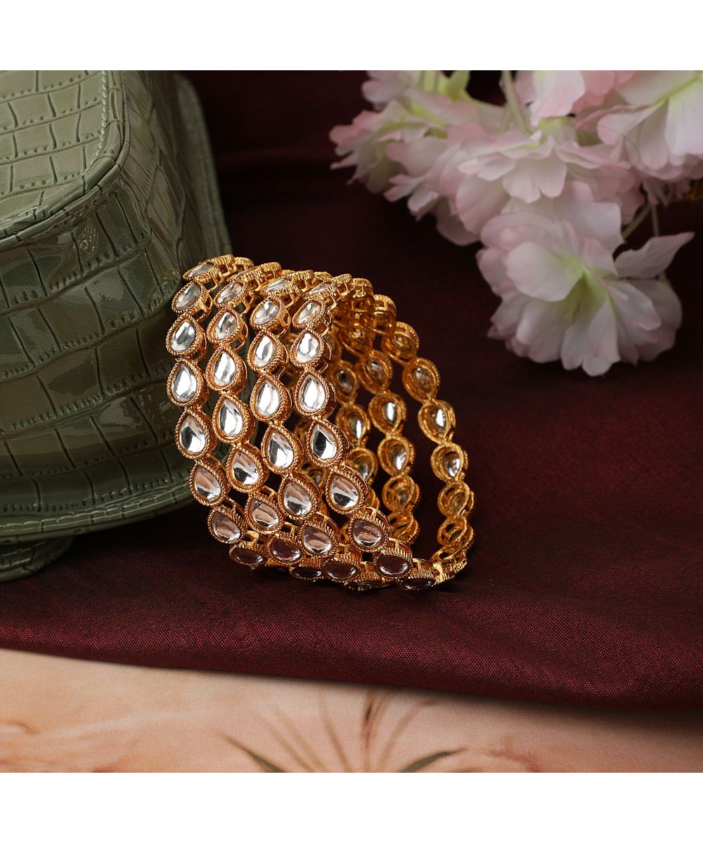 Women's Gold Plated White Stone Studded Set of 4 Bangles - MODE MANIA