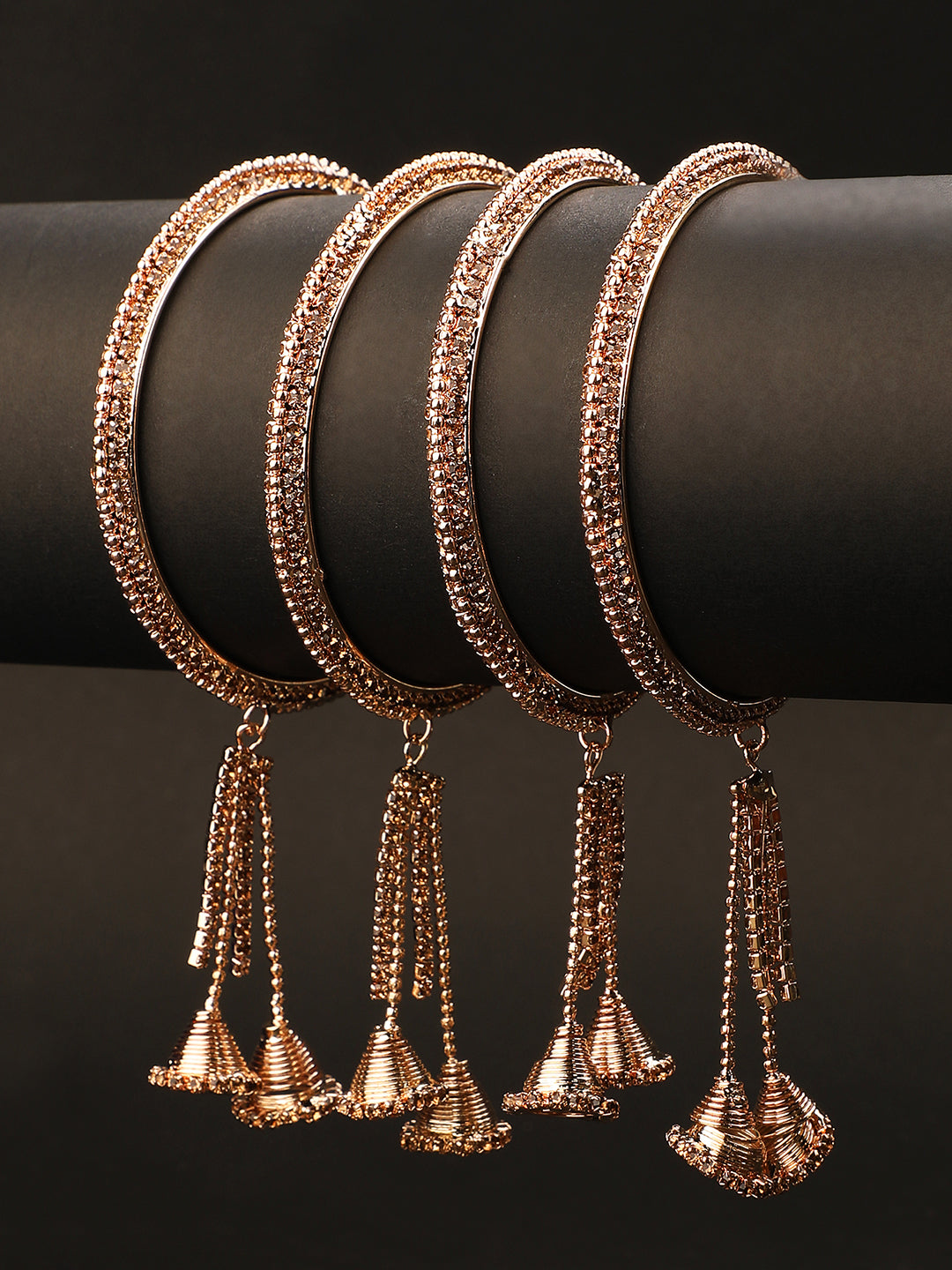 Women's/Girls Traditional Antique Gold Plated Stone Studded Dangle Drop Bangle Set Of 4 - Mode Mania