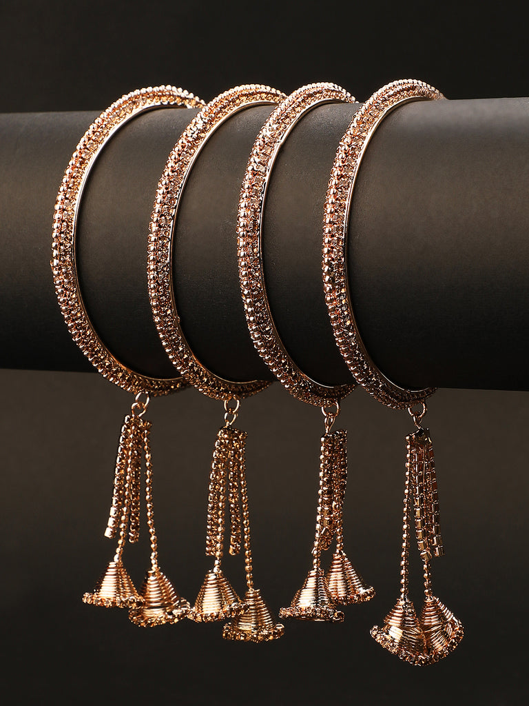 Women's/Girls Traditional Antique Gold Plated Stone Studded Dangle Drop Bangle Set Of 4
