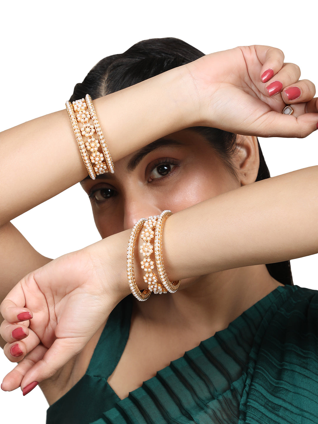 Women's/Girls Ethnic Gold Plated Floral Shaped Pearl Studded Bangle Set Of 4 - Mode Mania